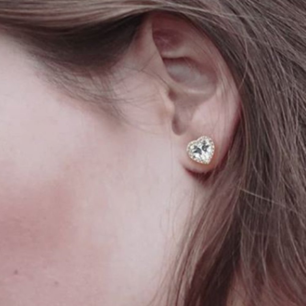 Small Gold Heart Stud Earrings with Cubic Zirconia Stones, great for a gift